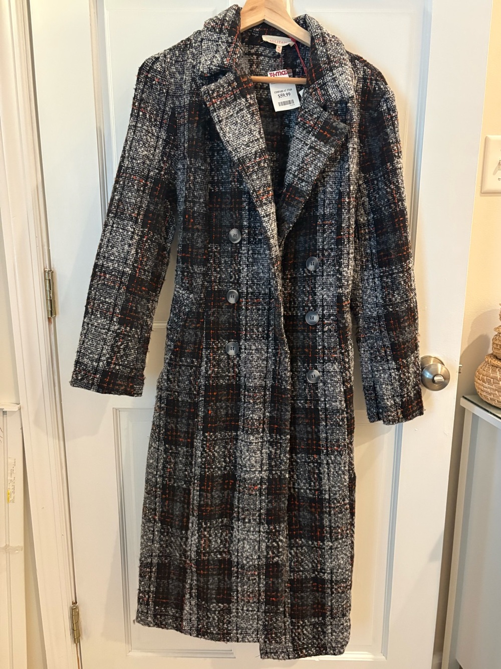 NWT Solitaire Black and Gray Plaid Double-Breasted Trench Coat
